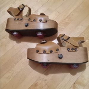 Vintage pop wheels, pop out roller skates; wooden platform sandals.